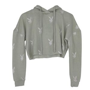 Missguided x Playboy Bunny Logo Cropped LS Hoodie - light green with white logo